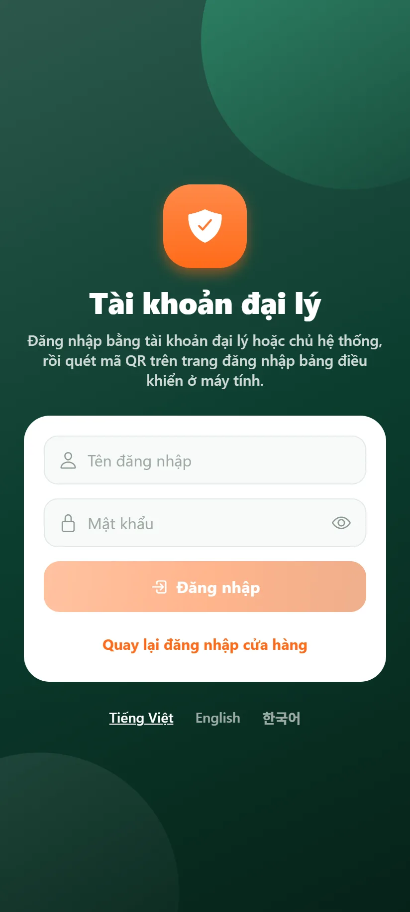 App quản lý: đăng nhập tài khoản đại lý