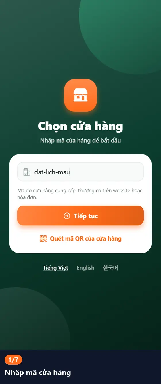 Hình động: chọn dịch vụ, ngày, giờ, đặt và chuyển khoản cọc bằng mã QR