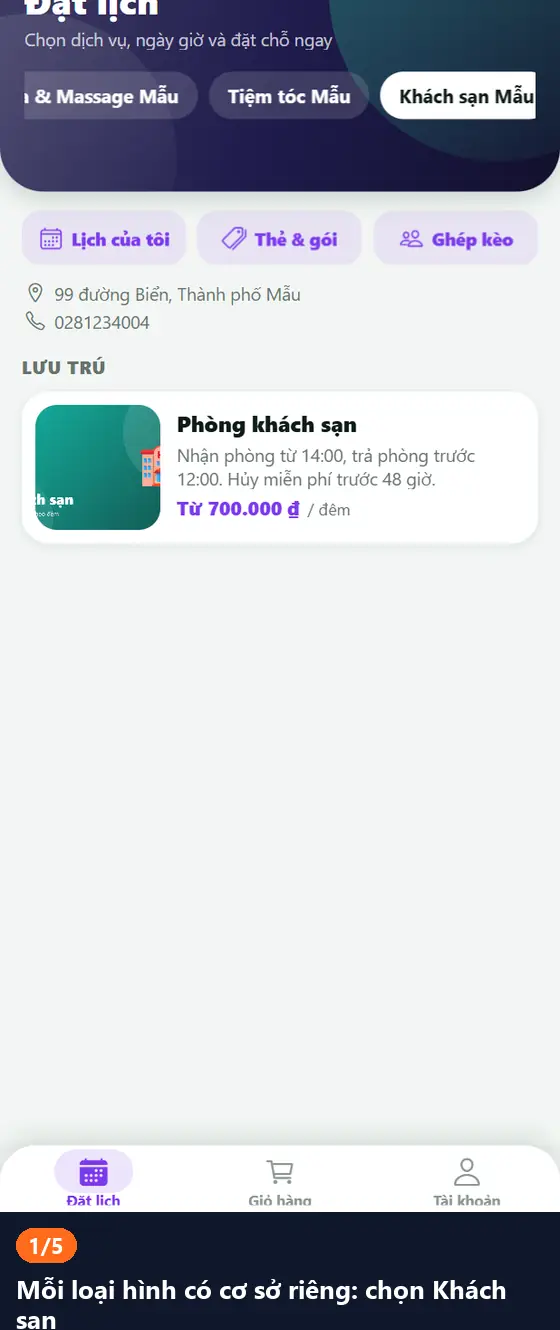 Hình động: đặt phòng khách sạn theo đêm và chọn chuyến tour