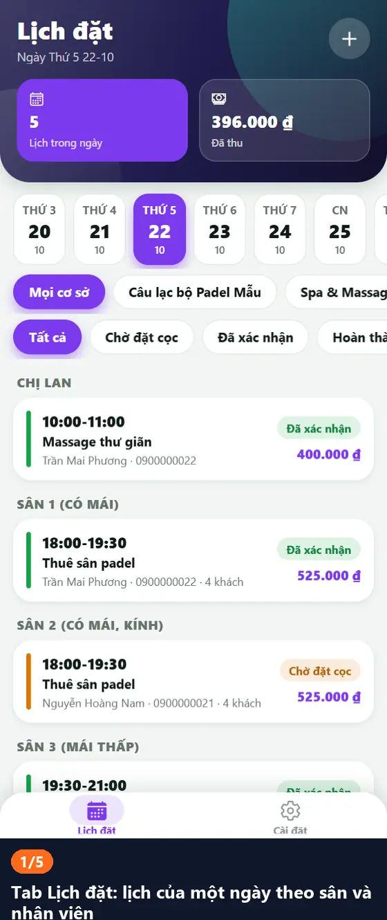 Hình động: lịch của một ngày, mở một lịch, bấm đã nhận cọc, đặt giúp khách
