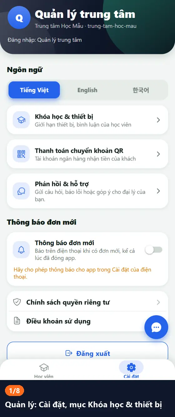 Hình động: đặt tối đa 1 thiết bị, máy thứ hai bị từ chối, quản lý đăng xuất máy cũ, máy thứ hai vào được