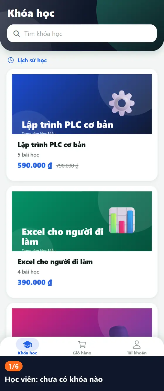 Hình động: học viên đăng ký khóa, quản lý bấm Mở khóa, học viên học ngay