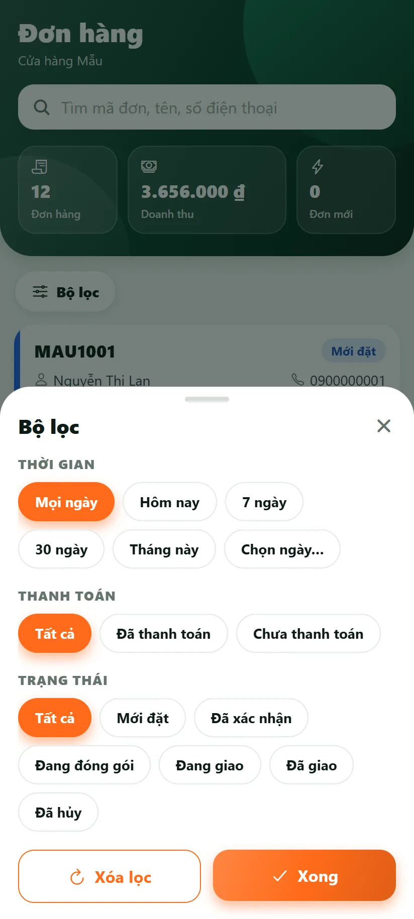 Bảng bộ lọc đơn hàng