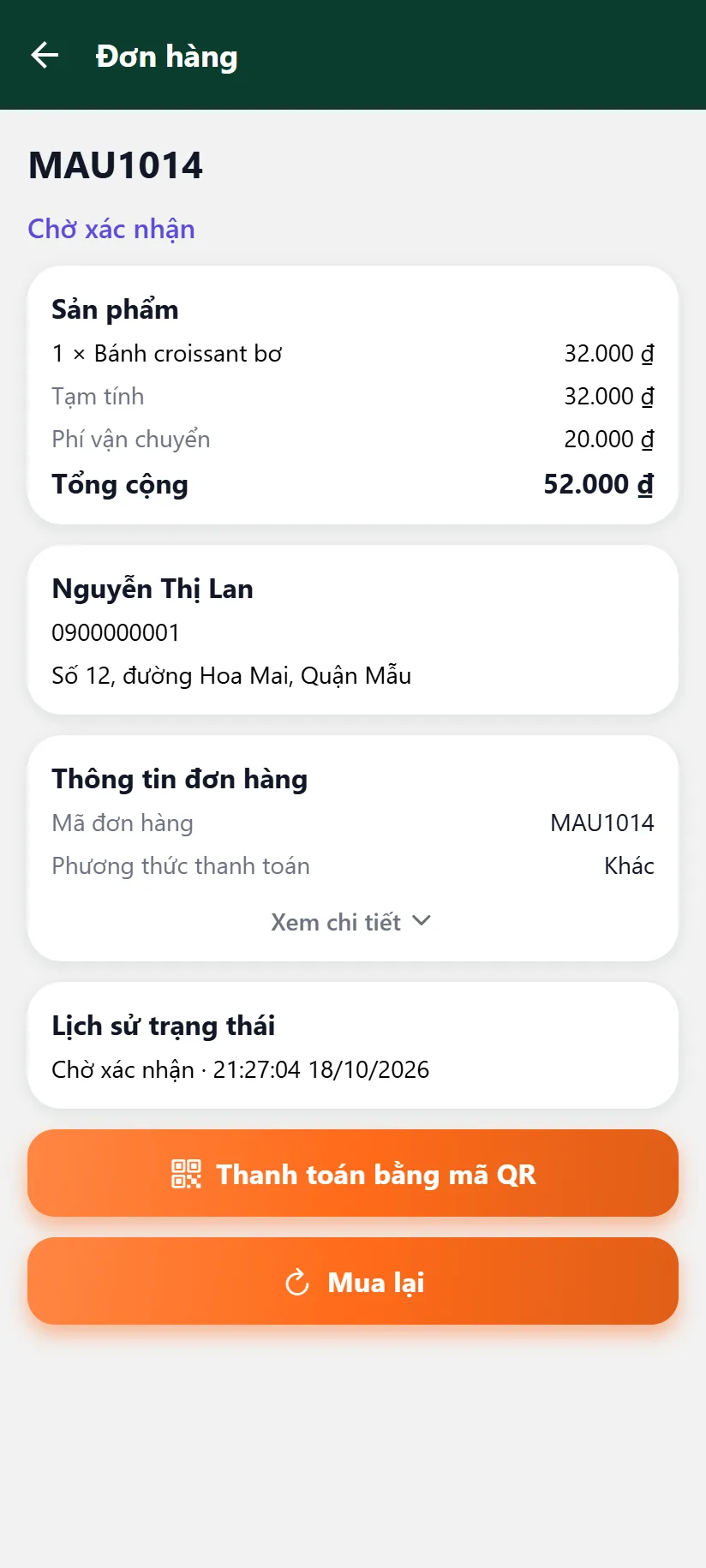 Chi tiết đơn có nút Thanh toán bằng mã QR