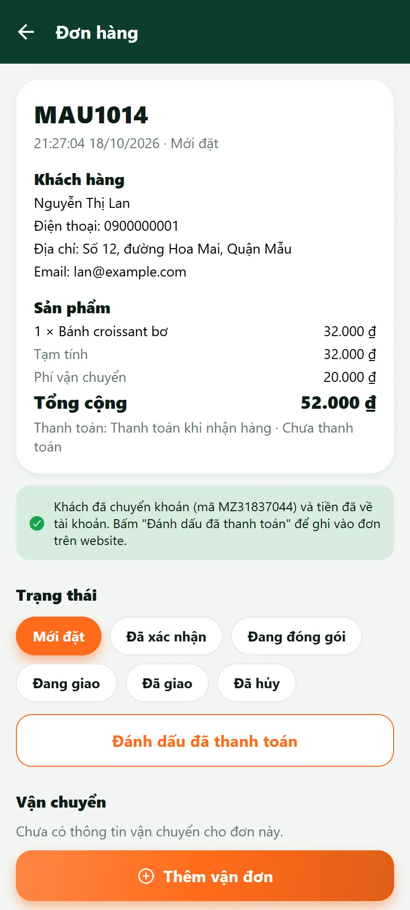 Khách đã chuyển khoản