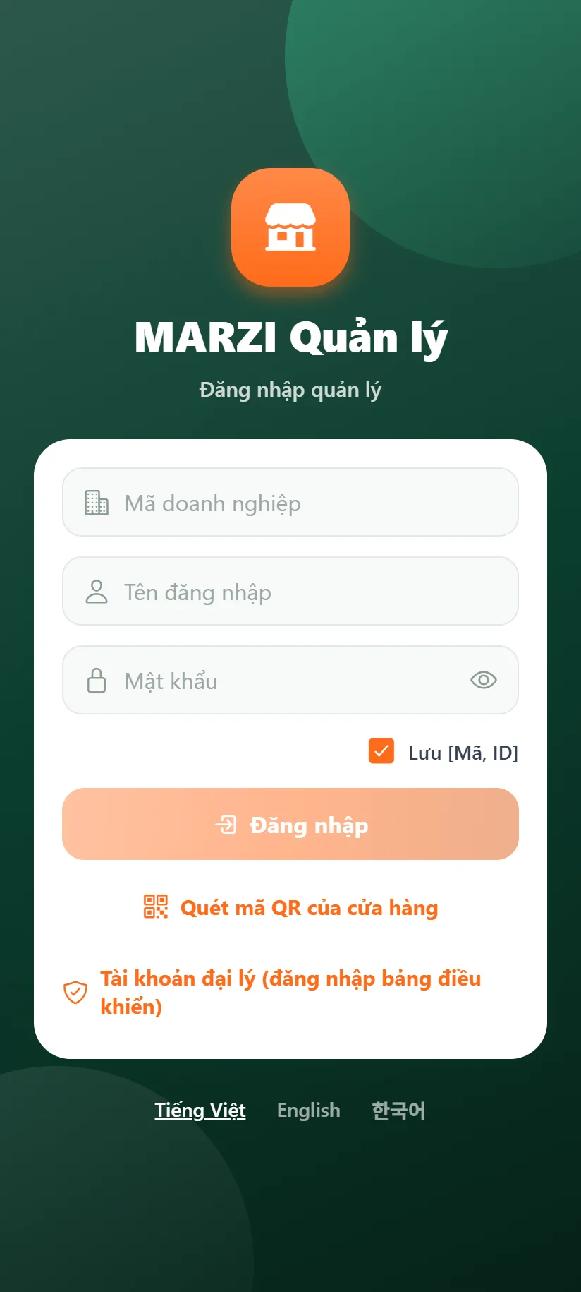 Màn đăng nhập có nút Quét mã QR của cửa hàng