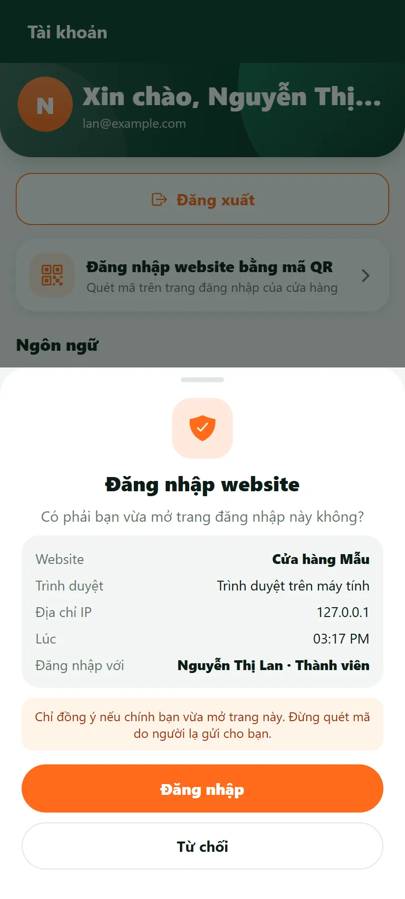 Màn xác nhận đăng nhập website