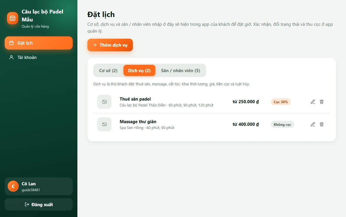 Danh sách dịch vụ đặt lịch