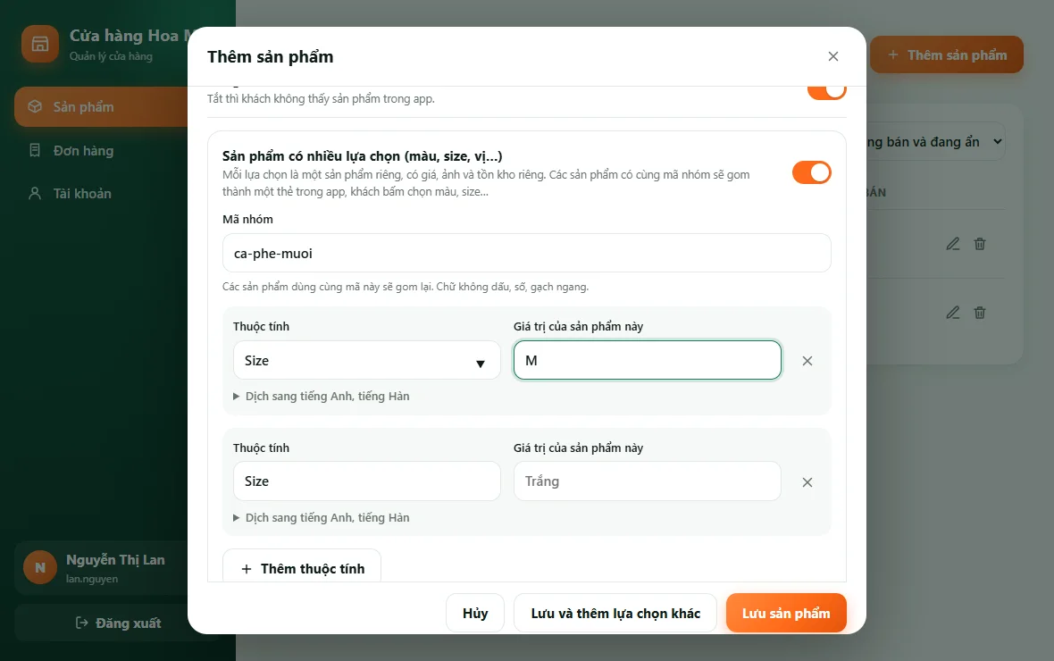 Phần sản phẩm có nhiều lựa chọn trong form