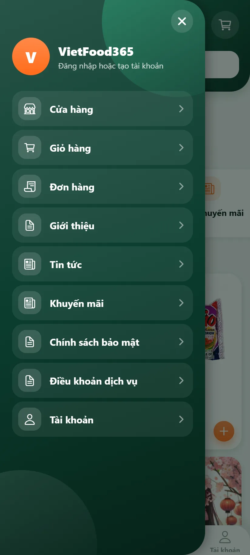 App đặt hàng: menu trượt với các trang của cửa hàng